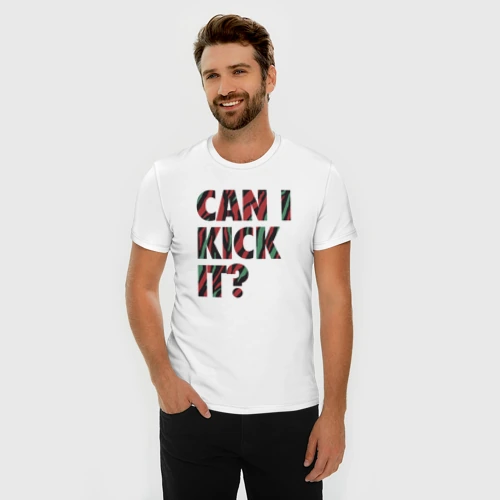 Мужская футболка хлопок Slim с принтом Can i kick it, фото на моделе #1
