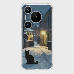 Чехол для Huawei Pura 70 Pro Чёрный кот на пустой зимней улице, AI