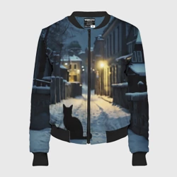 Женский бомбер 3D Чёрный кот на пустой зимней улице, AI