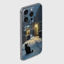 Чехол для iPhone 15 Pro Max силиконовый с защитой камеры Чёрный кот на пустой зимней улице, AI - фото 2