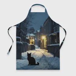 Фартук 3D Чёрный кот на пустой зимней улице, AI