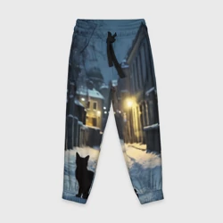 Детские брюки 3D Чёрный кот на пустой зимней улице, AI