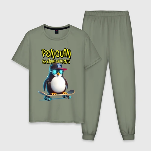 Мужская пижама хлопок Penguin skateboarding - ai art fantasy
