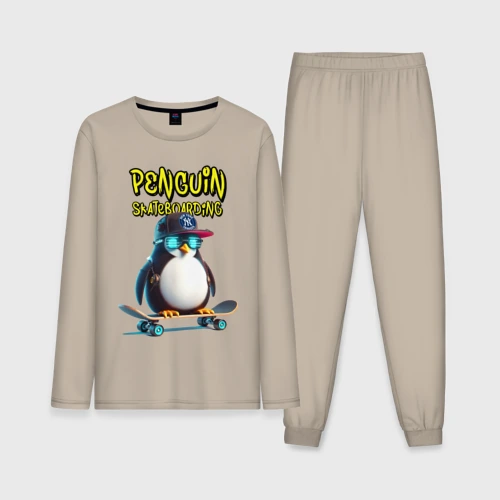 Мужская пижама с лонгсливом хлопок Penguin skateboarding - ai art fantasy