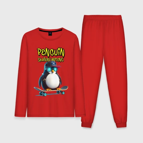 Мужская пижама с лонгсливом хлопок Penguin skateboarding - ai art fantasy