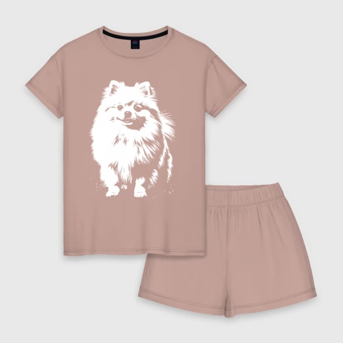 Женская пижама с шортиками хлопок с принтом Шпиц белый контур, вид спереди #2