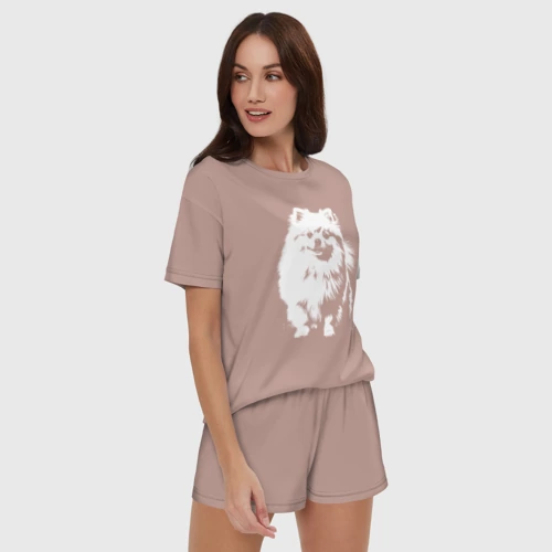 Женская пижама с шортиками хлопок с принтом Шпиц белый контур, фото на моделе #1