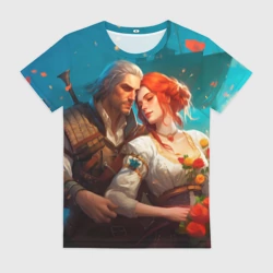 Женская футболка 3D Геральт и Трисс и лепестки цветов
