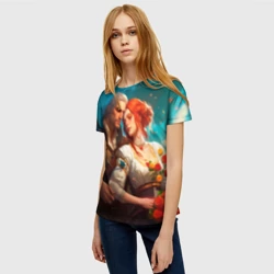 Женская футболка 3D Геральт и Трисс и лепестки цветов - фото 2