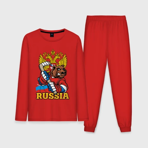 Мужская пижама с лонгсливом хлопок Русский хоккей - медведь