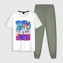 Мужская пижама с белой футболкой хлопок KPop Demon Hunters and Saja Boys