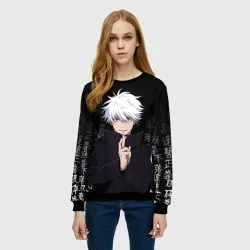 Женский свитшот 3D Годжо Сатору на фоне иероглифов  - фото 2