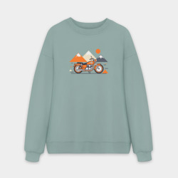 Мужской свитшот oversize без начеса хлопок Оранжевый мотоцикл на белом