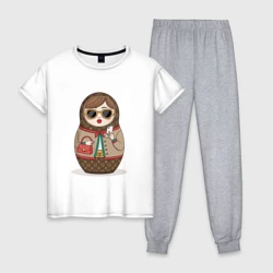 Женская пижама с белой футболкой хлопок Матрешка модная