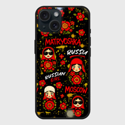 Чехол силиконовый для Apple iPhone 15 матовый Матрешки - паттерн