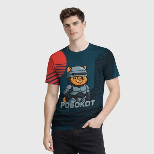 Мужская футболка 3D с принтом Мультяшный робокот, фото на моделе #1