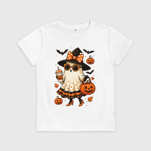 Детская футболка хлопок с принтом Модное привидение с кофе на хэллоуин, вид спереди #2
