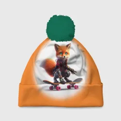Шапка 3D c помпоном Cyber fox cub is a cool skateboarder - ai art