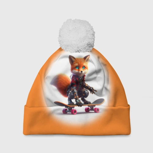 Шапка 3D c помпоном Cyber fox cub is a cool skateboarder - ai art