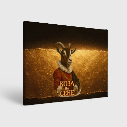 Холст прямоугольный Коза на сене - золотой фон