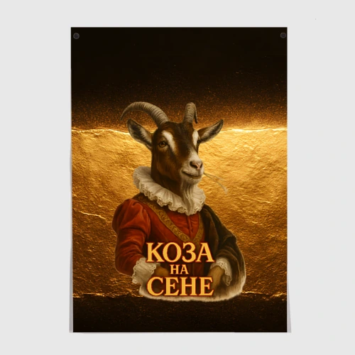Постер Коза на сене - золотой фон