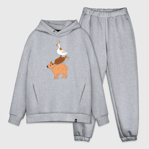 Мужской костюм oversize хлопок Забавные животные, капибара, гусь, черепаха и цыпленок