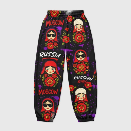 Женские джоггеры оверсайз 3D с принтом Славик стиль - паттерн с матрешками Женские джоггеры оверсайз 3D Славик стиль - паттерн с матрешками