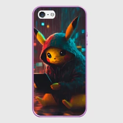 Чехол для iPhone 5/5S матовый Пикачу с ноутбуком на улице