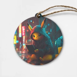 Деревянная игрушка круг Пикачу с ноутбуком на улице