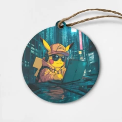 Деревянная игрушка круг Пикачу за ноутбуком хакер