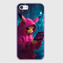 Чехол для iPhone 5/5S матовый Пикачу хакер в розовом