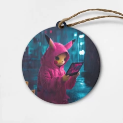 Деревянная игрушка круг Пикачу хакер в розовом