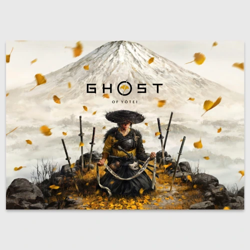 Поздравительная открытка Ацу на фоне горы Ghost of Yotei