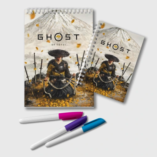 Блокнот Ацу на фоне горы Ghost of Yotei