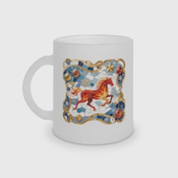 Кружка матовая стеклянная Новый год красной лошади с новогодними шарами