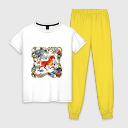Женская пижама с белой футболкой хлопок Новый год красной лошади с новогодними шарами