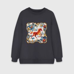 Женский свитшот oversize без начеса хлопок Новый год красной лошади с новогодними шарами