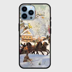 Чехол для iPhone 14 Pro Max Русская тройка зимой - картина Масленица Кустодиев