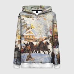 Женская толстовка 3D на молнии Русская тройка зимой - картина Масленица Кустодиев