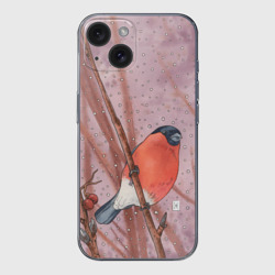 Чехол для iPhone 15 силиконовый с защитой камеры Снегирь и зимние ягоды