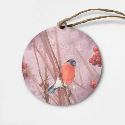 Деревянная игрушка круг Снегирь и зимние ягоды