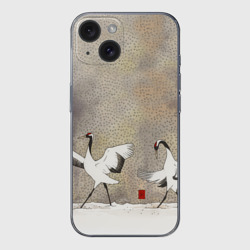 Чехол для iPhone 15 силиконовый с защитой камеры Журавли на снегу