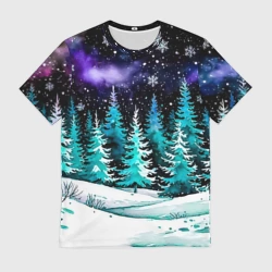 Мужская футболка 3D Ёлки в зимнем лесу
