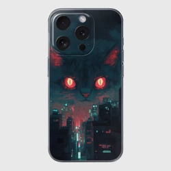 Чехол для iPhone 15 Pro силиконовый с защитой камеры Кот в стиле киберпанк на фоне неба