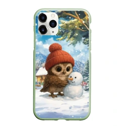 Чехол для iPhone 11 Pro Max матовый Совушка в шапочке лепит снеговика