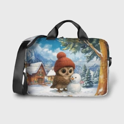 Сумка для ноутбука 3D Совушка в шапочке лепит снеговика