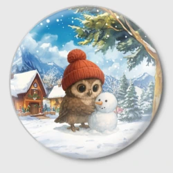 Значок Совушка в шапочке лепит снеговика