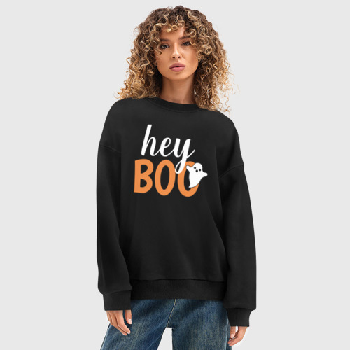 Женский свитшот oversize без начеса хлопок с принтом hey boo привидение - картинка 3 Женский свитшот oversize без начеса хлопок hey boo привидение - фото 3