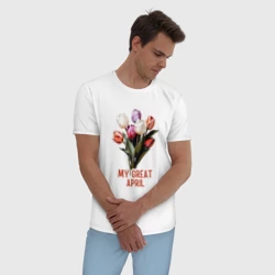 Мужская пижама с белой футболкой хлопок My great april - тюльпаны - фото 2