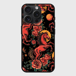 Чехол силиконовый для Apple iPhone 15 Pro Мax матовый Красная лошадь с розами